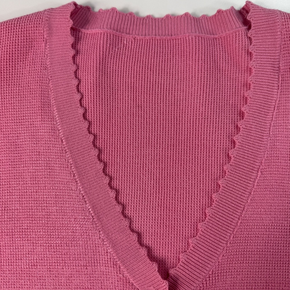 Adrianna Papell Women M/L Cardigan Pink Crop Scalloped Button Preppy Chic Knit - Picture 6 of 11